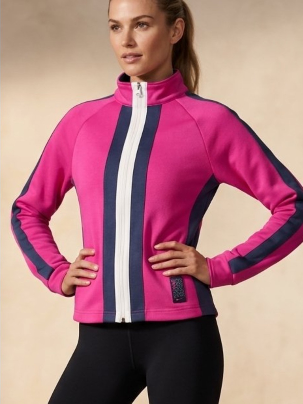 Vintage Nike Women's Pink Track Jacket with Navy Stripes size 2